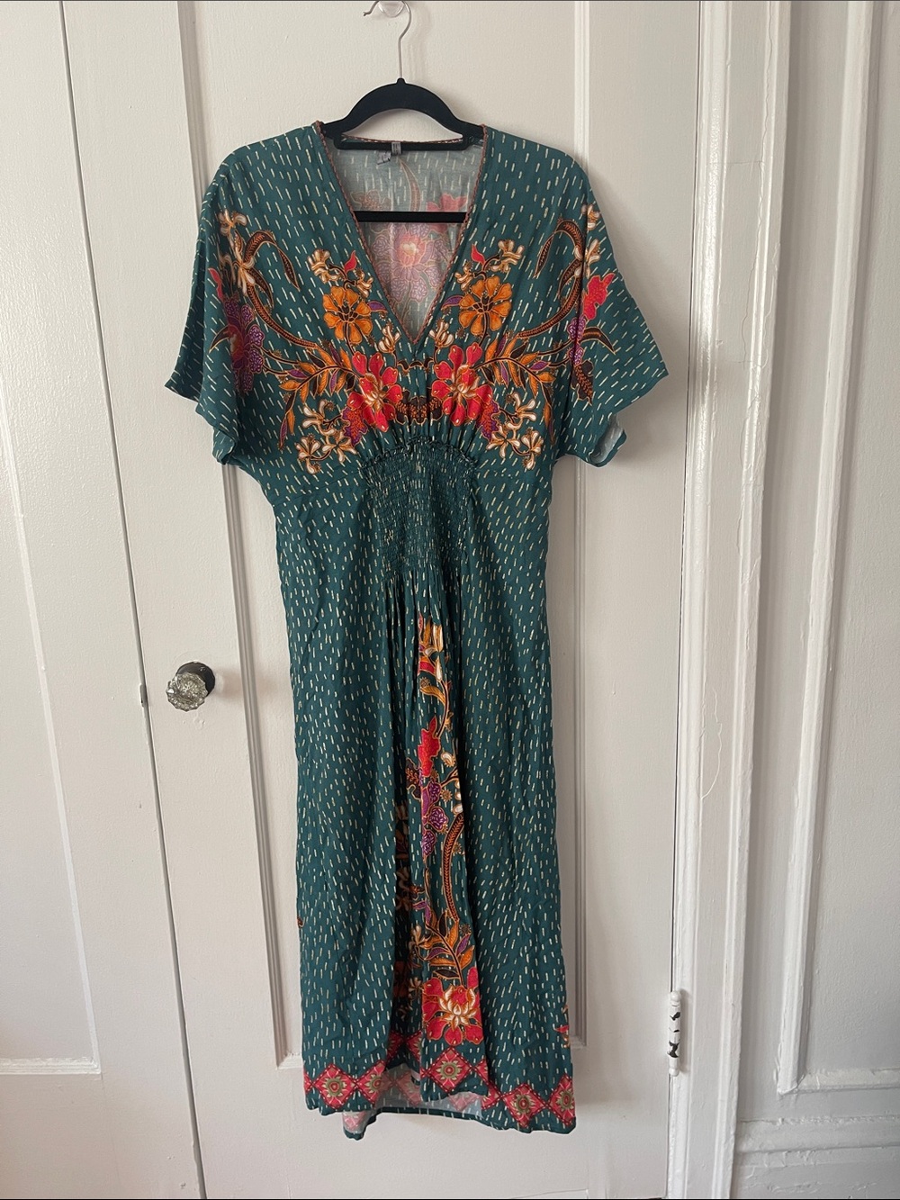 Anthropologie Bl-nk Tatiana Teal Floral V-Neck Midi Kaftan Dress - Picture 2 of 11